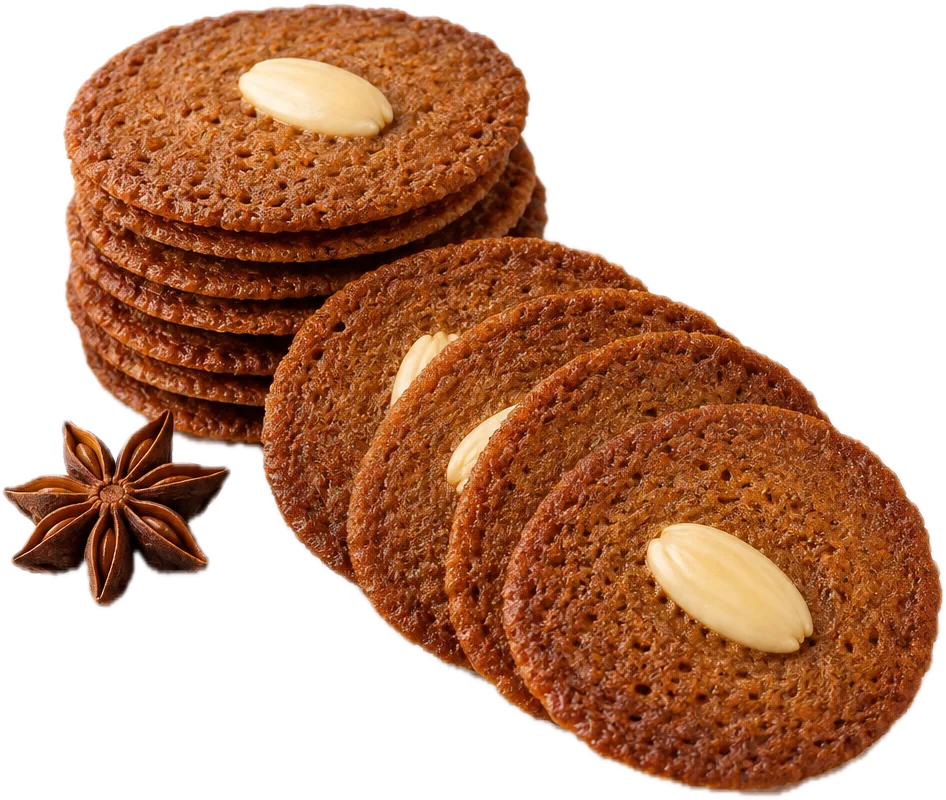 Tynne, runde pepperkaker med en halv mandel på hver