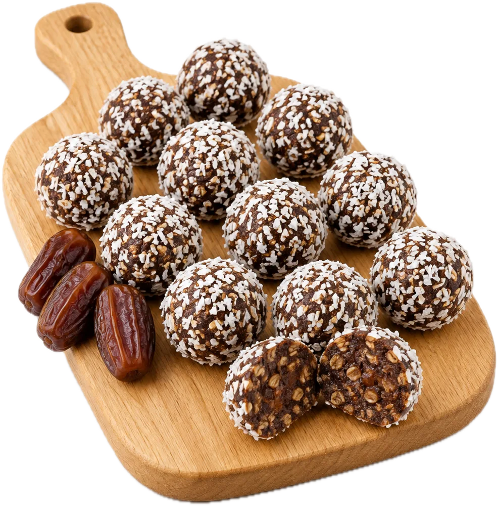 Sjokoladeballer rullet i kokosmasse, én delt i to