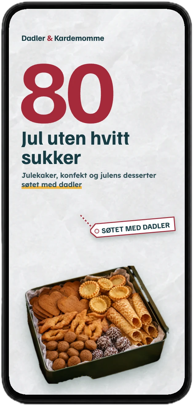 Forsiden av kokeboka Dadler & Kardemomme på en mobil