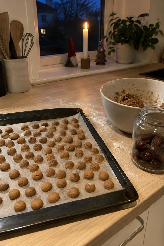Stekebrett med nystekte peppernøtter på kjøkkenbenken en novemberkveld