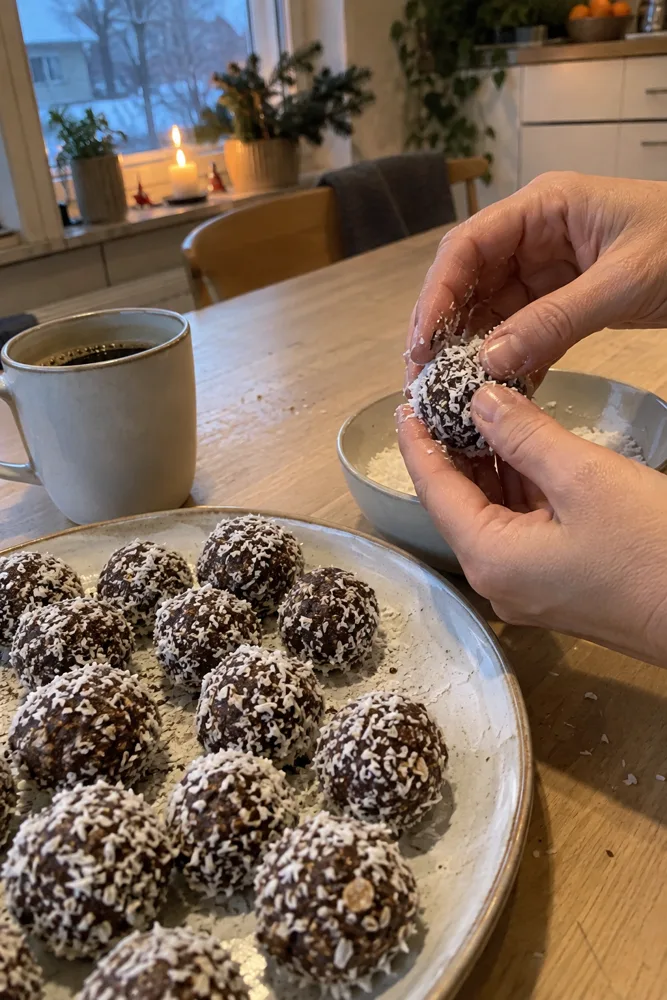 Hender som ruller sjokoladeballer i kokosmasse
