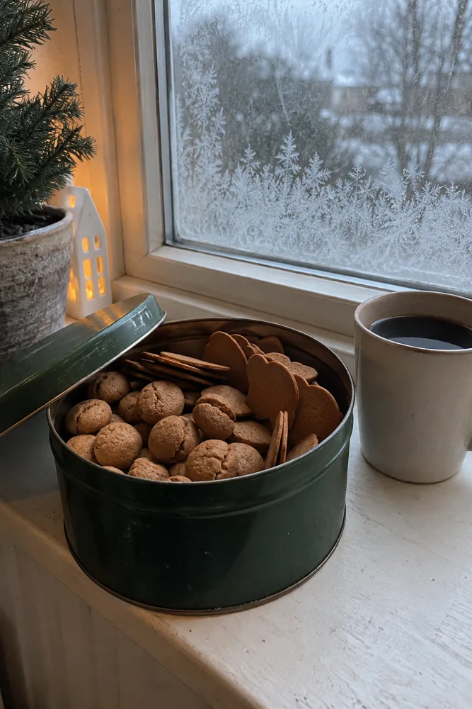 Åpen kakeboks med julekaker i vinduskarmen en grå desemberdag